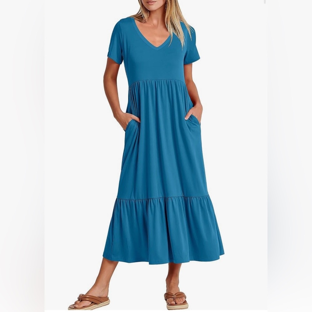 Women’s V-neck, short sleeve, maxi dress with tiered flowy skirt.